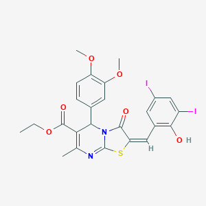 molecular formula C25H22I2N2O6S B393995 ETHYL (2E)-5-(3,4-DIMETHOXYPHENYL)-2-[(2-HYDROXY-3,5-DIIODOPHENYL)METHYLIDENE]-7-METHYL-3-OXO-2H,3H,5H-[1,3]THIAZOLO[3,2-A]PYRIMIDINE-6-CARBOXYLATE 