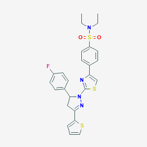 molecular formula C26H25FN4O2S3 B393997 N,N-DIETHYL-4-{2-[5-(4-FLUOROPHENYL)-3-(THIOPHEN-2-YL)-4,5-DIHYDRO-1H-PYRAZOL-1-YL]-1,3-THIAZOL-4-YL}BENZENE-1-SULFONAMIDE 