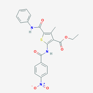 molecular formula C22H19N3O6S B394075 ethyl 5-(anilinocarbonyl)-2-({4-nitrobenzoyl}amino)-4-methyl-3-thiophenecarboxylate 