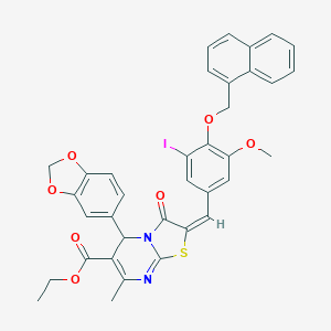 molecular formula C36H29IN2O7S B394356 ETHYL 5-(1,3-BENZODIOXOL-5-YL)-2-{(E)-1-[3-IODO-5-METHOXY-4-(1-NAPHTHYLMETHOXY)PHENYL]METHYLIDENE}-7-METHYL-3-OXO-2,3-DIHYDRO-5H-[1,3]THIAZOLO[3,2-A]PYRIMIDINE-6-CARBOXYLATE 
