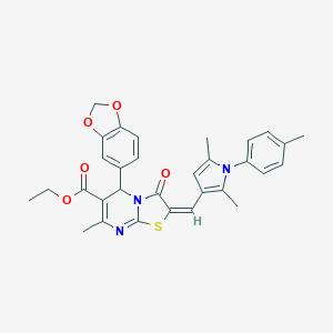 molecular formula C31H29N3O5S B394364 ETHYL (2Z)-5-(2H-1,3-BENZODIOXOL-5-YL)-2-{[2,5-DIMETHYL-1-(4-METHYLPHENYL)-1H-PYRROL-3-YL]METHYLIDENE}-7-METHYL-3-OXO-2H,3H,5H-[1,3]THIAZOLO[3,2-A]PYRIMIDINE-6-CARBOXYLATE 