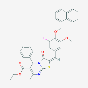 molecular formula C35H29IN2O5S B394405 ETHYL (2E)-2-({3-IODO-5-METHOXY-4-[(NAPHTHALEN-1-YL)METHOXY]PHENYL}METHYLIDENE)-7-METHYL-3-OXO-5-PHENYL-2H,3H,5H-[1,3]THIAZOLO[3,2-A]PYRIMIDINE-6-CARBOXYLATE 