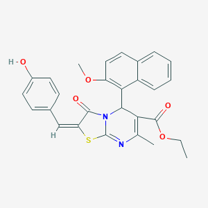 molecular formula C28H24N2O5S B394523 ETHYL (2E)-2-[(4-HYDROXYPHENYL)METHYLIDENE]-5-(2-METHOXYNAPHTHALEN-1-YL)-7-METHYL-3-OXO-2H,3H,5H-[1,3]THIAZOLO[3,2-A]PYRIMIDINE-6-CARBOXYLATE 