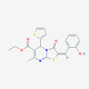 molecular formula C21H18N2O4S2 B394525 ETHYL (2E)-2-[(2-HYDROXYPHENYL)METHYLIDENE]-7-METHYL-3-OXO-5-(THIOPHEN-2-YL)-2H,3H,5H-[1,3]THIAZOLO[3,2-A]PYRIMIDINE-6-CARBOXYLATE 