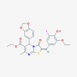 molecular formula C26H23IN2O7S B394541 ETHYL (2E)-5-(2H-1,3-BENZODIOXOL-5-YL)-2-[(3-ETHOXY-4-HYDROXY-5-IODOPHENYL)METHYLIDENE]-7-METHYL-3-OXO-2H,3H,5H-[1,3]THIAZOLO[3,2-A]PYRIMIDINE-6-CARBOXYLATE 