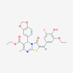 molecular formula C26H23IN2O7S B394541 ethyl (2E)-5-(1,3-benzodioxol-5-yl)-2-(3-ethoxy-4-hydroxy-5-iodobenzylidene)-7-methyl-3-oxo-2,3-dihydro-5H-[1,3]thiazolo[3,2-a]pyrimidine-6-carboxylate 