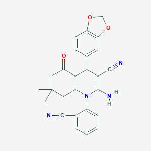 molecular formula C26H22N4O3 B394555 2-Amino-4-(1,3-benzodioxol-5-yl)-1-(2-cyanophenyl)-7,7-dimethyl-5-oxo-1,4,5,6,7,8-hexahydro-3-quinolinecarbonitrile 