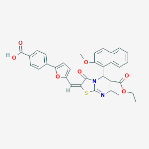 molecular formula C33H26N2O7S B394561 4-{5-[(6-(ethoxycarbonyl)-5-(2-methoxy-1-naphthyl)-7-methyl-3-oxo-5H-[1,3]thiazolo[3,2-a]pyrimidin-2(3H)-ylidene)methyl]-2-furyl}benzoic acid 