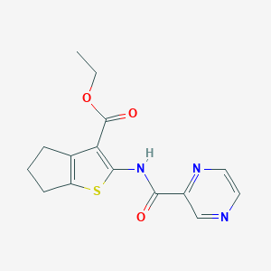molecular formula C15H15N3O3S B394575 ethyl 2-[(2-pyrazinylcarbonyl)amino]-5,6-dihydro-4H-cyclopenta[b]thiophene-3-carboxylate 