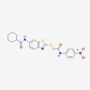 molecular formula C22H22N4O4S2 B394608 N-[2-({[(4-NITROPHENYL)CARBAMOYL]METHYL}SULFANYL)-1,3-BENZOTHIAZOL-6-YL]CYCLOHEXANECARBOXAMIDE 