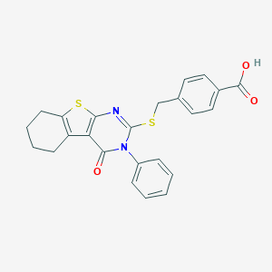 molecular formula C24H20N2O3S2 B394613 4-{[(4-Oxo-3-phenyl-3,4,5,6,7,8-hexahydro[1]benzothieno[2,3-d]pyrimidin-2-yl)sulfanyl]methyl}benzoic acid 