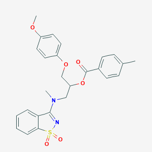molecular formula C26H26N2O6S B394624 2-[(1,1-Dioxido-1,2-benzisothiazol-3-yl)(methyl)amino]-1-[(4-methoxyphenoxy)methyl]ethyl 4-methylbenzoate 