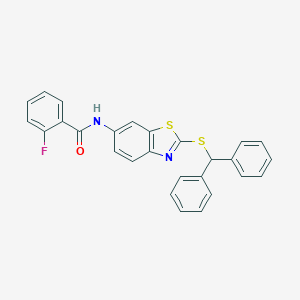 molecular formula C27H19FN2OS2 B394625 N-{2-[(diphenylmethyl)sulfanyl]-1,3-benzothiazol-6-yl}-2-fluorobenzamide 