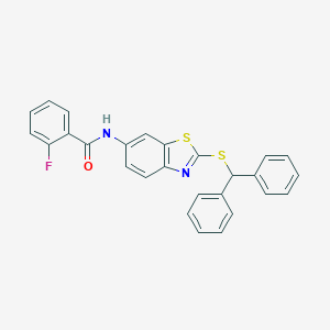 molecular formula C27H19FN2OS2 B394625 N-[2-(benzhydrylsulfanyl)-1,3-benzothiazol-6-yl]-2-fluorobenzamide 