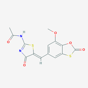 molecular formula C14H10N2O5S2 B394678 N-{5-[(7-methoxy-2-oxo-1,3-benzoxathiol-5-yl)methylene]-4-oxo-1,3-thiazolidin-2-ylidene}acetamide 