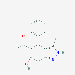 molecular formula C18H22N2O2 B394692 1-[6-hydroxy-3,6-dimethyl-4-(4-methylphenyl)-4,5,6,7-tetrahydro-2H-indazol-5-yl]ethanone CAS No. 484646-77-7