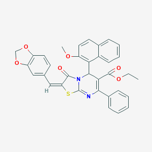 molecular formula C34H26N2O6S B394707 ethyl 2-(1,3-benzodioxol-5-ylmethylene)-5-(2-methoxy-1-naphthyl)-3-oxo-7-phenyl-2,3-dihydro-5H-[1,3]thiazolo[3,2-a]pyrimidine-6-carboxylate 