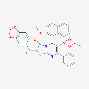 molecular formula C34H26N2O6S B394707 ethyl (2E)-2-(1,3-benzodioxol-5-ylmethylidene)-5-(2-methoxynaphthalen-1-yl)-3-oxo-7-phenyl-2,3-dihydro-5H-[1,3]thiazolo[3,2-a]pyrimidine-6-carboxylate 