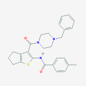 molecular formula C27H29N3O2S B394710 N~1~-{3-[(4-benzylpiperazino)carbonyl]-5,6-dihydro-4H-cyclopenta[b]thiophen-2-yl}-4-methylbenzamide 