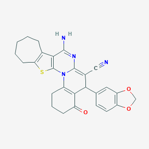 molecular formula C27H24N4O3S B394757 13-amino-9-(1,3-benzodioxol-5-yl)-7-oxo-22-thia-2,12-diazapentacyclo[12.8.0.02,11.03,8.015,21]docosa-1(14),3(8),10,12,15(21)-pentaene-10-carbonitrile 