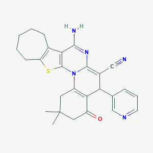 molecular formula C27H27N5OS B394785 8-amino-2,2-dimethyl-4-oxo-5-(3-pyridinyl)-1,3,4,5,10,11,12,13-octahydro-2H,9H-cyclohepta[4',5']thieno[3',2':5,6]pyrimido[1,2-a]quinoline-6-carbonitrile 