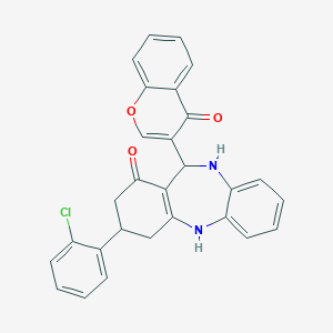 molecular formula C28H21ClN2O3 B395051 3-(2-chlorophenyl)-11-(4-oxo-4H-chromen-3-yl)-2,3,4,5,10,11-hexahydro-1H-dibenzo[b,e][1,4]diazepin-1-one 