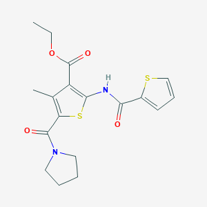 molecular formula C18H20N2O4S2 B395224 ETHYL 4-METHYL-5-(PYRROLIDINE-1-CARBONYL)-2-(THIOPHENE-2-AMIDO)THIOPHENE-3-CARBOXYLATE 