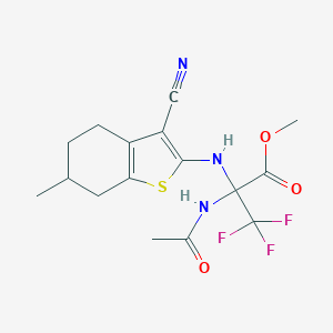 molecular formula C16H18F3N3O3S B395228 METHYL 2-[(3-CYANO-6-METHYL-4,5,6,7-TETRAHYDRO-1-BENZOTHIOPHEN-2-YL)AMINO]-2-ACETAMIDO-3,3,3-TRIFLUOROPROPANOATE 