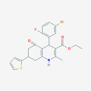 molecular formula C23H21BrFNO3S B395250 ethyl 4-(5-bromo-2-fluorophenyl)-2-methyl-5-oxo-7-(thiophen-2-yl)-1,4,5,6,7,8-hexahydroquinoline-3-carboxylate 