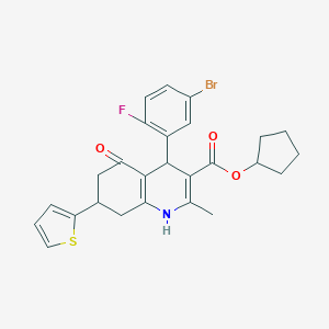 molecular formula C26H25BrFNO3S B395267 cyclopentyl 4-(5-bromo-2-fluorophenyl)-2-methyl-5-oxo-7-(thiophen-2-yl)-1,4,5,6,7,8-hexahydroquinoline-3-carboxylate 
