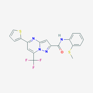 molecular formula C19H13F3N4OS2 B395438 N-[2-(methylsulfanyl)phenyl]-5-(thiophen-2-yl)-7-(trifluoromethyl)pyrazolo[1,5-a]pyrimidine-2-carboxamide 