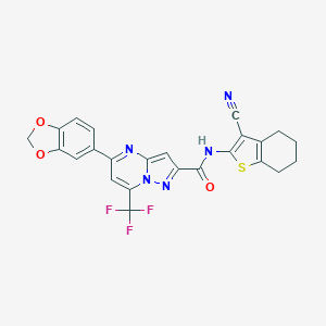 molecular formula C24H16F3N5O3S B395476 5-(2H-1,3-BENZODIOXOL-5-YL)-N-(3-CYANO-4,5,6,7-TETRAHYDRO-1-BENZOTHIOPHEN-2-YL)-7-(TRIFLUOROMETHYL)PYRAZOLO[1,5-A]PYRIMIDINE-2-CARBOXAMIDE 