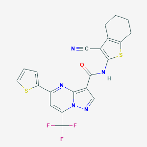molecular formula C21H14F3N5OS2 B395662 N-(3-cyano-4,5,6,7-tetrahydro-1-benzothiophen-2-yl)-5-(thiophen-2-yl)-7-(trifluoromethyl)pyrazolo[1,5-a]pyrimidine-3-carboxamide 