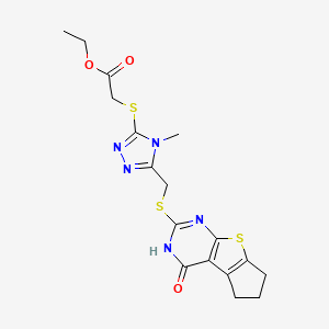 molecular formula C17H19N5O3S3 B3957666 Ethyl 2-[[4-methyl-5-[(12-oxo-7-thia-9,11-diazatricyclo[6.4.0.02,6]dodeca-1(8),2(6),9-trien-10-yl)sulfanylmethyl]-1,2,4-triazol-3-yl]sulfanyl]acetate 