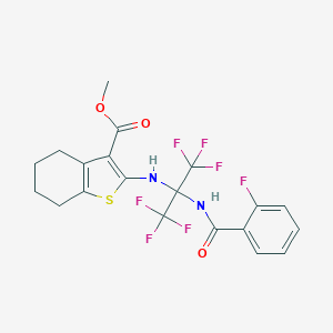 molecular formula C20H17F7N2O3S B395859 Methyl 2-{[2,2,2-trifluoro-1-[(2-fluorobenzoyl)amino]-1-(trifluoromethyl)ethyl]amino}-4,5,6,7-tetrahydro-1-benzothiophene-3-carboxylate 