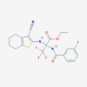 molecular formula C21H19F4N3O3S B395873 ETHYL 2-[(3-CYANO-4,5,6,7-TETRAHYDRO-1-BENZOTHIOPHEN-2-YL)AMINO]-3,3,3-TRIFLUORO-2-[(3-FLUOROPHENYL)FORMAMIDO]PROPANOATE 