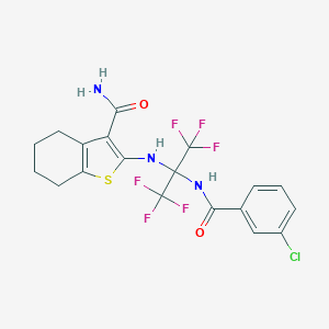 molecular formula C19H16ClF6N3O2S B395879 2-({2-[(3-CHLOROPHENYL)FORMAMIDO]-1,1,1,3,3,3-HEXAFLUOROPROPAN-2-YL}AMINO)-4,5,6,7-TETRAHYDRO-1-BENZOTHIOPHENE-3-CARBOXAMIDE CAS No. 309731-52-0