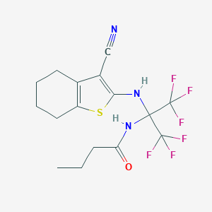 molecular formula C16H17F6N3OS B395880 N-[1-[(3-cyano-4,5,6,7-tetrahydro-1-benzothien-2-yl)amino]-2,2,2-trifluoro-1-(trifluoromethyl)ethyl]butanamide 