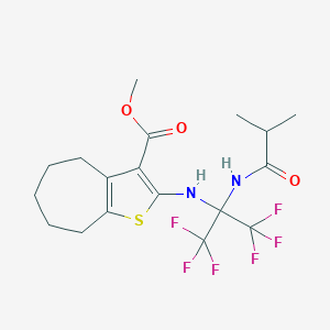molecular formula C18H22F6N2O3S B395888 METHYL 2-{[1,1,1,3,3,3-HEXAFLUORO-2-(2-METHYLPROPANAMIDO)PROPAN-2-YL]AMINO}-4H,5H,6H,7H,8H-CYCLOHEPTA[B]THIOPHENE-3-CARBOXYLATE 