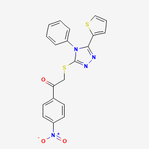 molecular formula C20H14N4O3S2 B3958894 1-(4-nitrophenyl)-2-{[4-phenyl-5-(thiophen-2-yl)-4H-1,2,4-triazol-3-yl]sulfanyl}ethan-1-one 