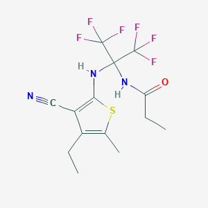 molecular formula C14H15F6N3OS B395899 N-{2-[(3-cyano-4-ethyl-5-methylthiophen-2-yl)amino]-1,1,1,3,3,3-hexafluoropropan-2-yl}propanamide CAS No. 299922-87-5