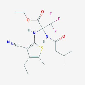 molecular formula C18H24F3N3O3S B395907 ETHYL 2-[(3-CYANO-4-ETHYL-5-METHYLTHIOPHEN-2-YL)AMINO]-3,3,3-TRIFLUORO-2-(3-METHYLBUTANAMIDO)PROPANOATE CAS No. 352317-39-6