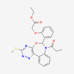 molecular formula C24H24N4O5S B3959109 Ethyl 2-{2-[3-(methylsulfanyl)-7-propionyl-6,7-dihydro[1,2,4]triazino[5,6-D][3,1]benzoxazepin-6-YL]phenoxy}acetate 