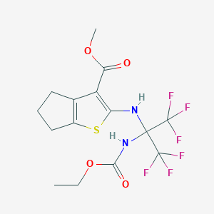 molecular formula C15H16F6N2O4S B395930 METHYL 2-({2-[(ETHOXYCARBONYL)AMINO]-1,1,1,3,3,3-HEXAFLUOROPROPAN-2-YL}AMINO)-4H,5H,6H-CYCLOPENTA[B]THIOPHENE-3-CARBOXYLATE 