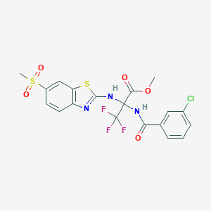 molecular formula C19H15ClF3N3O5S2 B396030 Methyl 2-[(3-chlorobenzoyl)amino]-3,3,3-trifluoro-2-{[6-(methylsulfonyl)-1,3-benzothiazol-2-yl]amino}propanoate 