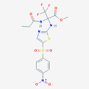 molecular formula C16H15F3N4O7S2 B396073 METHYL 3,3,3-TRIFLUORO-2-({5-[(4-NITROPHENYL)SULFONYL]-1,3-THIAZOL-2-YL}AMINO)-2-(PROPIONYLAMINO)PROPANOATE 