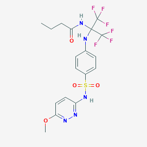 molecular formula C18H19F6N5O4S B396241 N-[2,2,2-trifluoro-1-(4-{[(6-methoxy-3-pyridazinyl)amino]sulfonyl}anilino)-1-(trifluoromethyl)ethyl]butanamide 