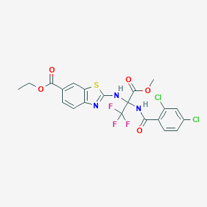molecular formula C21H16Cl2F3N3O5S B396281 Ethyl 2-[[2-[(2,4-dichlorobenzoyl)amino]-1,1,1-trifluoro-3-methoxy-3-oxopropan-2-yl]amino]-1,3-benzothiazole-6-carboxylate CAS No. 489433-30-9