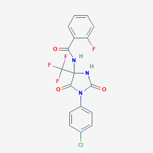 molecular formula C17H10ClF4N3O3 B396285 N-[1-(4-chlorophenyl)-2,5-dioxo-4-(trifluoromethyl)-4-imidazolidinyl]-2-fluorobenzamide 