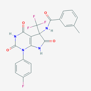 molecular formula C21H14F4N4O4 B396293 N-[1-(4-FLUOROPHENYL)-2,4,6-TRIOXO-5-(TRIFLUOROMETHYL)-1H,2H,3H,4H,5H,6H,7H-PYRROLO[2,3-D]PYRIMIDIN-5-YL]-3-METHYLBENZAMIDE 